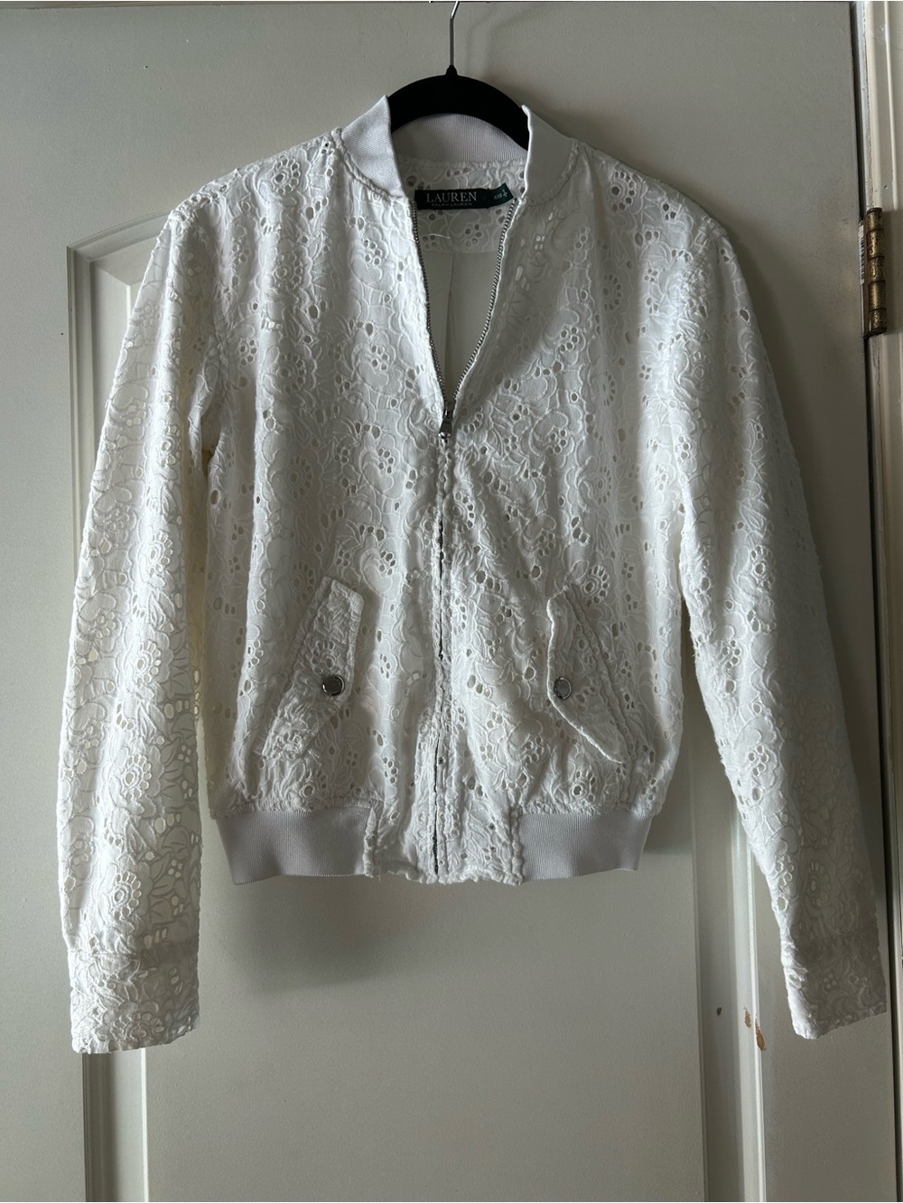 Lauren Ralph Lauren White Eyelet Lace Bomber Jacket Zip Front Women’s XXS